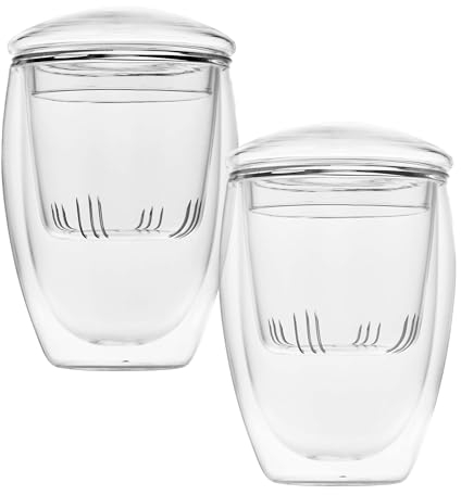 Doppelwandiges Teeglas 350 ml, 2-er Set Thermogläser mit Sieb und Deckel aus Glas, ohne Henkel. Gläser für Kaffee oder Tee, mit Deckel als Untersetzer für Sieb oder Teebeutel. Modernes Design