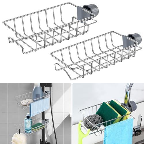 Ainiv 2PZ Kitchen Sink Organizer Over Faucet, Sink Sponge Holder, Porta Spugna Lavandino Caddy per Barra di sSupporto Doccia 18-25 mm, Portasciugamani Rimovibile per Spugne, Spazzole, Detersivi