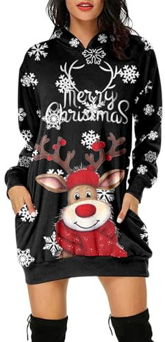 Damen Weihnachten Hoodie Kleid Lang Farbverlauf Kapuzenpullover mit Elch Durck Pullover Modern Sweatshirt Kapuzenpullis Hoodies Streetwear Tops für Weihnachten Kostüm