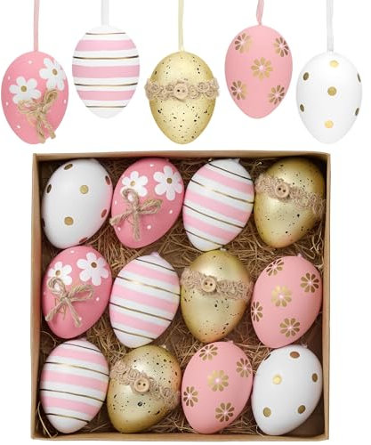 Valery Madelyn 12er Ostereier zum Aufhängen für Osterdeko,6cm Modern Plastikeier für Ostern Deko,Rosa Gold Ornament für Osterkörbchen Frühlingsdeko,Ostern Geschenke Kinder