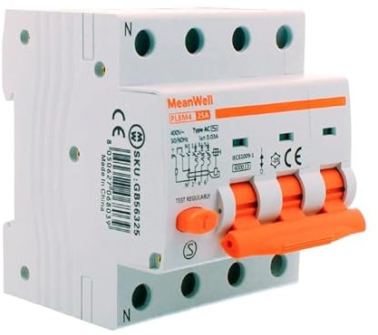 MeanWell Interruttore Magnetotermico Differenziale Trifase 380V, RCBO 3P+N C25 25A, Tipo AC Curva C 30mA 6000A, 4 Poli Occupa 4 Moduli Barra DIN