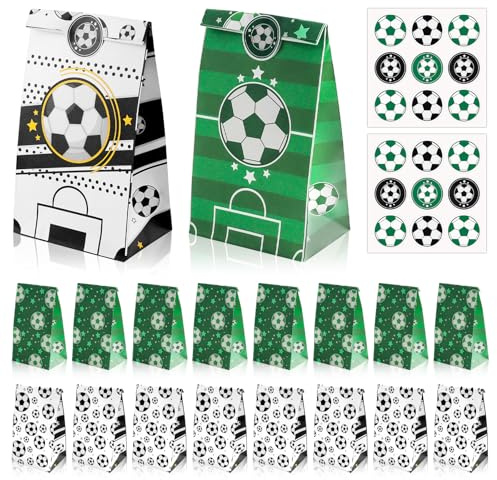 18 Stück Fussball Geschenktüten Papier mit 18 Aufkleber, 2 Stile | Fußball Party Taschen, für Weihnachten, Geburtstage, Mottoparty