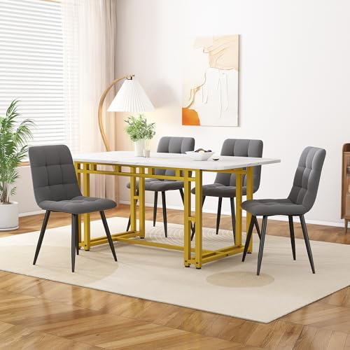 Ymkua Esstisch mit 4 Stühlen Set, 120x70x74 cm Rechteckiger Esstisch, Esszimmer Sets, Modern Küche Esstisch Sets, Esszimmerstühle Küchenstuhl Sets für Wohnzimmer und Küche (Grau+Gold)