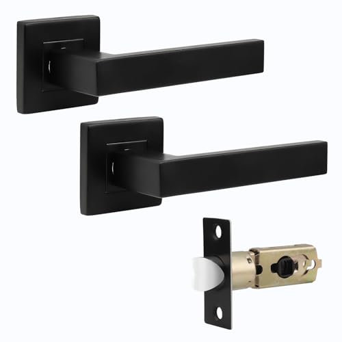 Probrico 1 Pack Door Handles Lever Matte Black Internal Door Handles on Square Rose,Passage Door Handles with Adjustable Tubular Latch