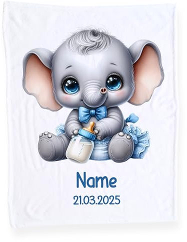 GRAZDesign Babydecke mit Namen, Weiche Kuscheldecke Elefant, Schmusedecke zur Geburt als Geschenk für Jungen