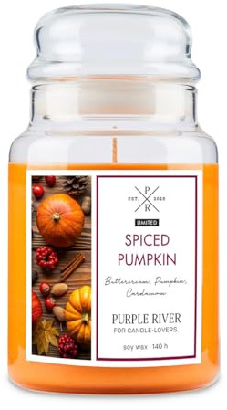 Purple River Große Duftkerze im Glas mit Deckel | Spiced Pumpkin | Duftkerze Kürbis | Kerzen lange Brenndauer | Sojawachskerze | Raumduft für Zuhause