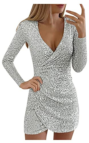 Metallic Oberteil Damen Pailletten Kleider Knielang, Damen Kurz Glitzerkleid Langarm V-Ausschnitt Glänzende Kleider Sexy Partykleid Cocktailkleid Bodycon Enges Party Minikleid Wickelkleid Festkleid