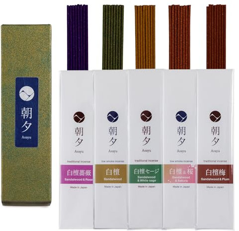 Asayu Japan Variedad de Varillas de Incienso Japonés Natural, Conjunto de 5 fragancias de Sándalo (Mezcla de Rosas, Salvia Blanca, Sakura y Ciruelo) Hecho en Japón, Meditación Matutina y Nocturna