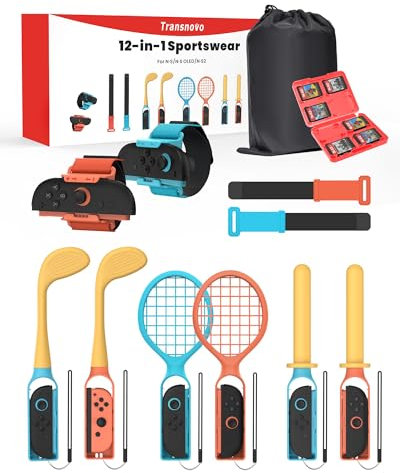 TRANSNOVO Kit 12 in 1 di Accessori Compatible con Nintendo Switch 2/Switch – Pack Familiare di Giochi Sportivi Compatibile con Switch Sports, Ring Fit Adventure e con i Joy-Con