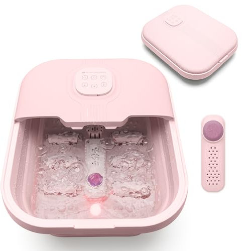 Rio Deluxe Foldaway Foot Spa Foot Bath with Massaging Rollers, Adjustable Temperature Settings, Pedicure Pumice Stone, Relaxing Bubbles, Powerful 500W Water Heater & Remote Control - Pink