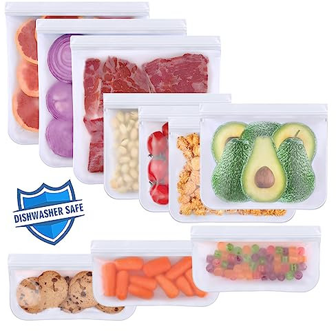 10 Sacchetti Freezer, Sacchetti Alimenti Richiudibili, Sacchetti Riutilizzabili Senza BPA per Verdure, Latte, Snack e Carne Bianco(3 Galloni 4 Panini 3 Snack)