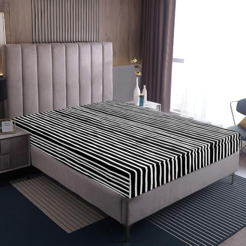 Homewish Gestreifte Spannbettlaken 90x200cm,Schwarz Weiß Bettlaken Geometrische Linien Modernes Design Spannbetttuch für Jungen Mädchen Erwachsene Teenager,Abstrakt Streifen Mikrofaser Bed Sheet