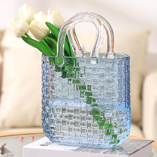 PORPAN Vase en verre pour fleurs, grand vase à fleurs en forme de sac à main, vase en verre noir, vases en forme de sac à main de 25,4 cm pour la maison, le salon, la chambre à coucher, le bureau