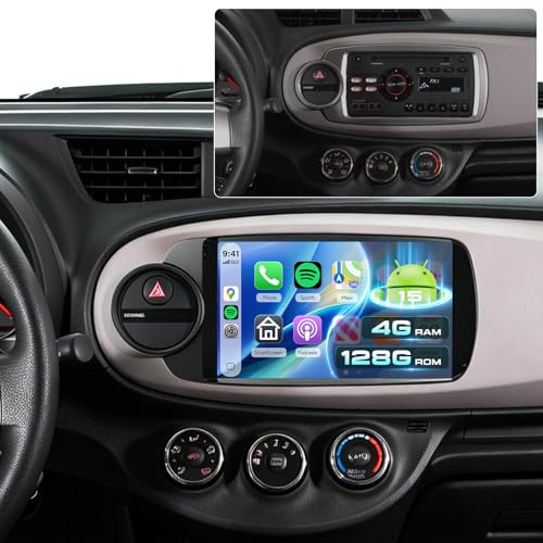 VECHTEL 4G+128G Autoradio Android 15 per Toyota Yaris 2012-2017 (Petit Écran/Bouton Clim Anneau Argenté), 9'' Incell HD Schermo co Carplay Android Auto senza Fili GPS WiFi USB Bluetooth FM RDS Camera