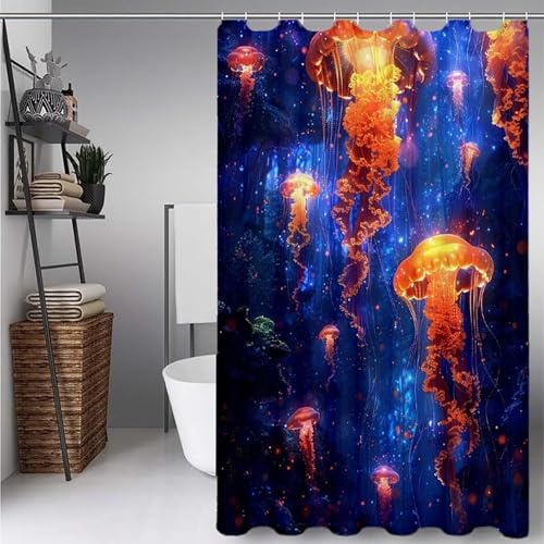Marine Duschvorhang, Duschvorhang Qualle Duschrollo 80x200cm, HD Druck Wasserdicht Waschbar Shower Curtains mit ösen und 12 Duschringen Polyester Textil Shower Curtain für Badezimmer Deko -ly2507246
