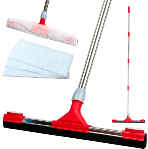 Heavy Duty Floor Squeegee for Concrete Floor – 17.3'' EVA Foam Blade with Built-in Towel Clip, 62'' Extendable Handle, Uneven Surface Floor Squeegee Broom for Garage, Window, Pool, Tile, Patio &Shower