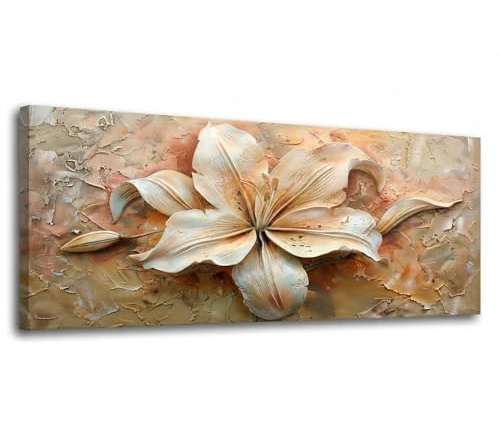 Lupia - Quadro moderno Canvas World GIGLIO 52x122 cm, Stampa su Tela effetto Pennellate tridimensionale, Telaio in Legno, per soggiorno capezzale camera da letto ufficio fiori bianchi beige rosa