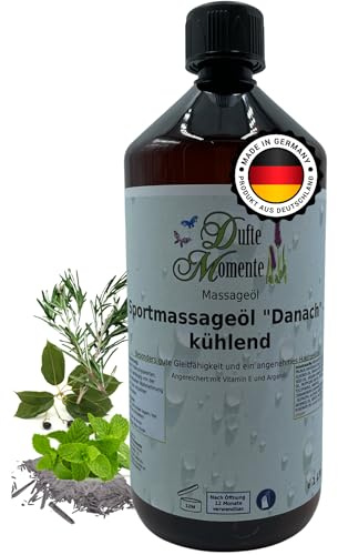 Dufte Momente Massageöl Nach dem Sport – 1 Liter – Pflanzenölbasis mit Kampfer, Menthol, Minze & Rosmarin – kühlend & regenerierend – für Sportmassage & Wellness – vegan & Made in Germany