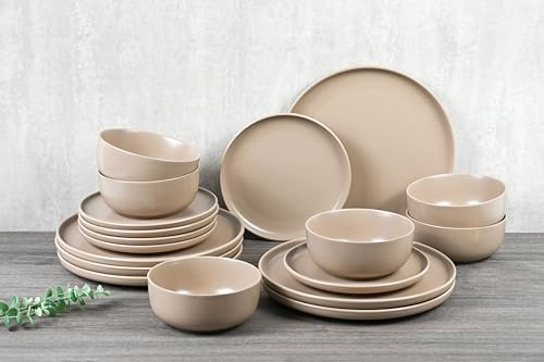 Waterside 18pc Beige Solid Colour Stoneware Dinner Set; 6 Dinner Plates, Side Plate and Deep Bowls - Microwave & Dishwasher Safe