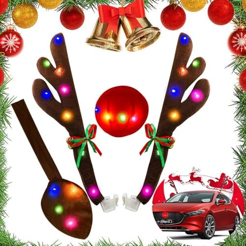 Auto Rentier Geweih Weihnachtsdeko, Rentier Kostüm für Auto mit LED Lichter, Weihnachtsdeko set mit Geweih, Glöckchen,Heck und roter Nase, Rudolf Rentier Auto Weihnachtsdeko ideal für Auto, SUV