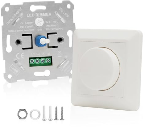Variateur d'intensité LED 230 V avec bouton rotatif, variateur universel pour ampoules LED à intensité variable, 5-200 W, interrupteur encastré, variateur rotatif à intensité variable, blanc, pour
