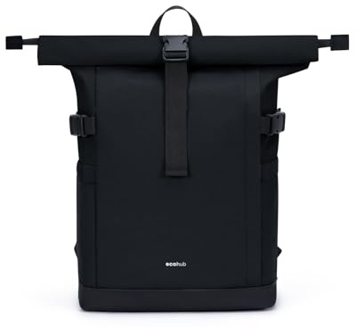 ECOHUB Women's Laptop Backpack, Rolltop Classic Black 15.6 Inch Water Resistant USB Charging Port Stylish Rucksack for Travel Work School (Black)