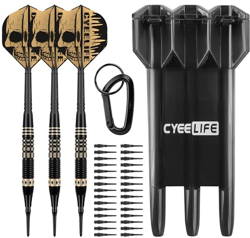 CyeeLife Dardos de punta blanda con funda de transporte de regalo, punta de plástico profesional con barril de latón + 3 aletas de dardo integradas y 30 puntas de plástico, juego de dardos de punta