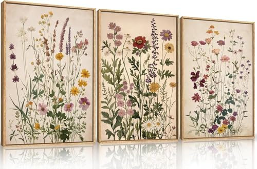TOARTi 3er Set Vintage Wildblumen Wandkunst Botanische Poster 40x60cm Boho Leinwand Wanddekoration Retro Natu Leinwand Kunst Wohnzimmer Schlafzimmer Büro Rustikale Poster Deko