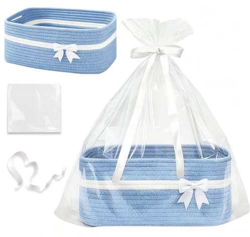 RNPKZ Geschenkkorb Leer Groß, 34x25x15 cm Aufbewahrungskorb mit Geschenktüten & Geschenkschleife, Präsentkorb Leer, Große Geflochten Korb mit Griffen Deko-Korb für Geburtstag,Hochzeit,Babyparty (Blau)