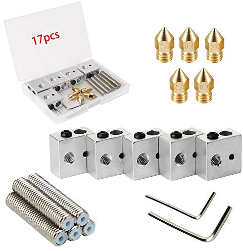 RUNCCI-YUN 5 stücke 30 MM Länge Extruder 1,75 MM Teflon Throat Tube und 5 stücke 0,4 MM Messing Extruder Düse Druckköpfe und 5 Stücke Heizung Blöcke Hotend für MK8 Makerbot Anet A8 3D Drucker