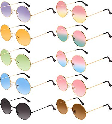10 Paar Runde Hippie Sonnenbrille John 60's Stil Kreis Farbige Brille (Gold Rahmen 2)