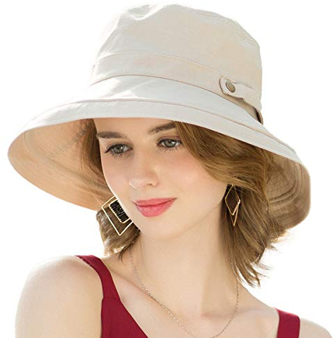 SOMALER Cappelli da sole da donna in cotone a tesa larga UPF50+ UV Packable Beach Hat Summer Bucket Cap per viaggio, Decorazione Bottone-beige, Taglia unica