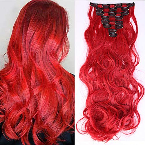 SEGO Clip in Extensions Haarverlängerung Haarteil 8 Tressen wie Echthaar gewellt Dunkelrot 17(43cm)