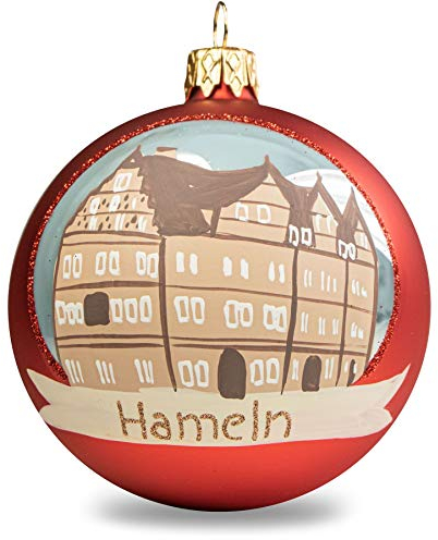 mgc24 Weihnachtskugel Christbaumkugel Baumschmuck Glas handbemalt Ø 8cm - Motiv Hameln Stadt, rot