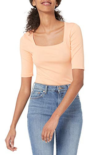Amazon Essentials Women's Slim-Fit Half Sleeve Square Neck T-Shirt, Coral Orange, L