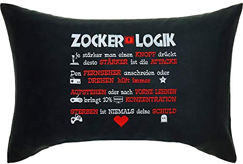 Zocker Kissen mit lustigem Spruch Zocker Logik lustiges Einweihungsgeschenk Wohnzimmer Dekokissen mit Füllung Zierkissen mit Stickerei Couchkissen Gamer Sofakissen | 40x60cm | schwarz