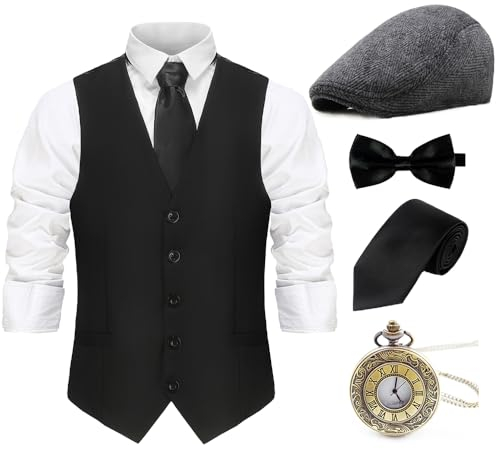 Gionforsy 20er Jahre Herren Weste Kostüm Zubehör Set mit Hut Weste Fliege Krawatte Taschenuhr Gangster Accessoires Set für Great Gatsby Party Halloween Karneval Fasching Mottoshow (Schwarz, L)