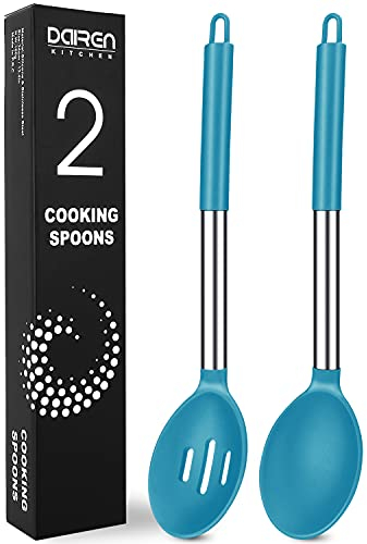 Silicone Serving Spoons, 2 Pack Solid & Slotted Spoon Set, Non-Stick BPA Free Heat-Resistant Kitchen Utensils, Plastic Cooking Spoons for Soup, Serving, Draining, Stirring (Blue)