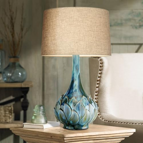 Possini Euro Design Kenya Modern Tropical Table Lamp with USB Dimmer 29 1/2 Tall Blue Green Glaze Ceramic Beige Linen Drum Shade for Bedroom Living Room House Home Bedside Nightstand Office Family