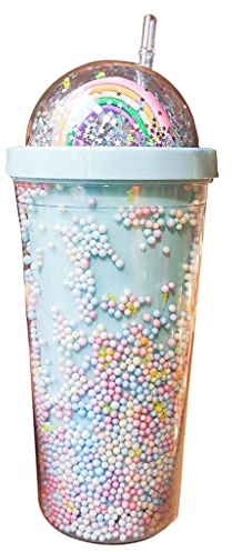 Supefriendly 550ml Creative Rainbow Plastic Water Cup Double couche Brillant Quicksand Paillettes Tasse à boire avec couvercle en paille Gobelets à jus de café Tasse de voyage pour enfants