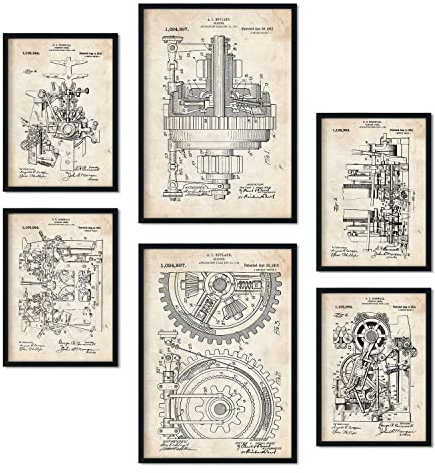 Nacnic Set von 6 Plakaten mit Maschinen Patenten. Plakate mit Retro-Patentabbildungen. Inneneinrichtung im Vintage-Stil. Grösse A4 und A3. Ohne Rahmen.