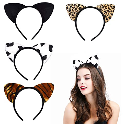 VIKSAUN 4 PCS Serre-tête Oreilles de Chat en peluche léopard, Rayures de tigre, Vache Oreilles Pour Enfants Femmes Décorations De Fête La Vie Quotidienne Cosplay (4 Pcs)