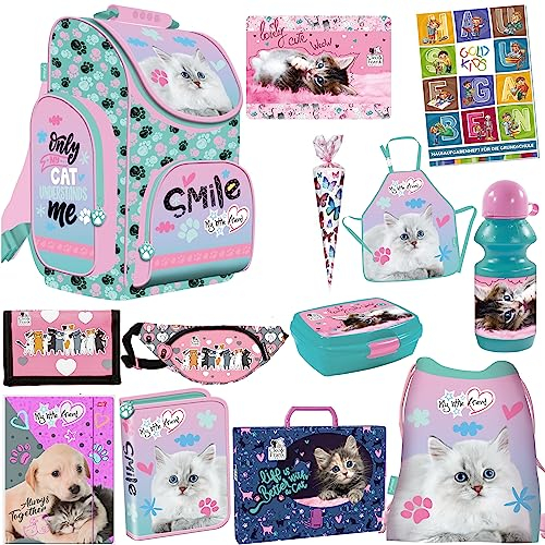 Katze Cat Pastel Schulranzen ergonomischer Ranzen Zuckertüte Geldbeutel Federmappe Turnbeutel Brotdose Trinkflasche Malunterlage Sammelmappe Aufgabenheft für die Grundschule 13er Set XXL