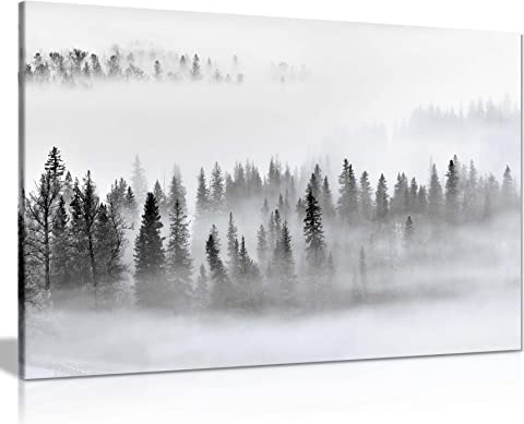 Panther Print Fine Art Prints Black & White Misty Forest Trees Artistic Framed Canvas Print, Pictures for Home Walls, Bedroom, Living Room & Bathroom Decor 61x41cm (24x16in)