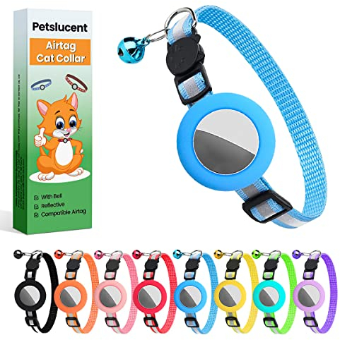 Airtag Katzenhalsband, Airtag Katzenhalsband mit Glocke und Sicherheitsverschluss in 3/8 Zoll Breite, Reflektierendes Halsband mit wasserdichter Airtag Halterung (Blau)
