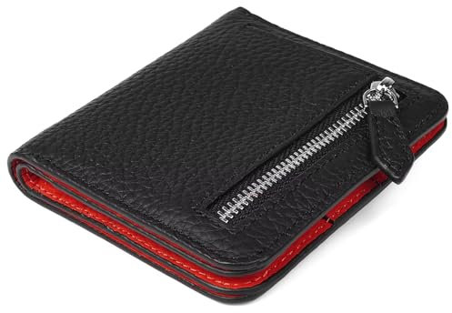 GADIEMKENSD Small Wallet Bifold Credit Card Holder Genuine Leather Coin Purse RFID Blocking Mini Compact Pocket Wallet with Zipper Ultra Slim Minimalist Black/Red