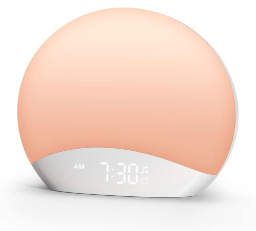 REACHER Sunrise Alarm Clock Sound Machine with Night Light, 0-100% Dimmable Clock, 26 Nature Inspired Sleep Sounds, Sunrise Lamp, Wake Up Light, for Babys, Adults, Kids