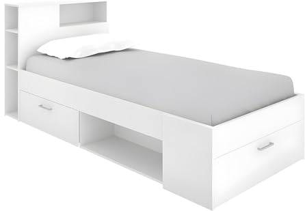Rimobel Bett mit Kopfteil, Stauraum & Schublade - 90 x 190 cm - Weiß - Leandre