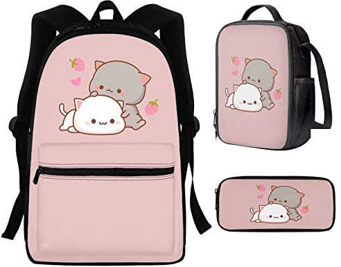 Showudesigns Kinder Schulranzen Set Kinder Rucksack mit Lunchbox Federmäppchen, katze, Einheitsgröße