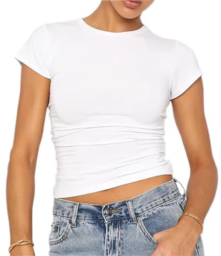 LACOZY Women Short Sleeve Going Out Tshirt Crewneck Basic Crop Tops Skinny Dupes Tight Shirt Aesthetic Streetwear White S